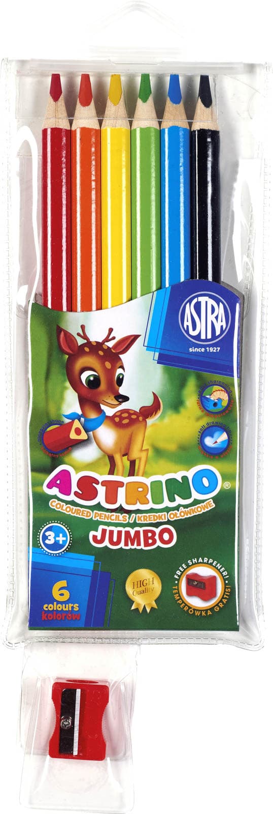 Kredki ołówkowe trójkątne JUMBO 6 kolorów + temperówka 312115003 ASTRINO