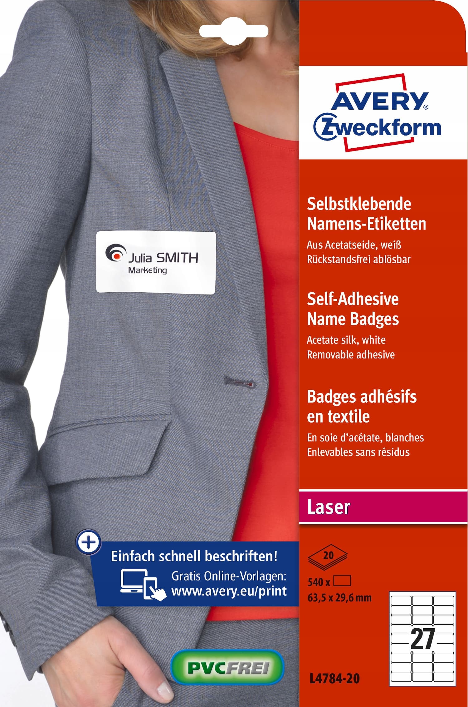 Identyfikator do zadruku samoprzylepny L4784-20 635x296mm biały sztucz.jedwab AVERY ZWECKFORM