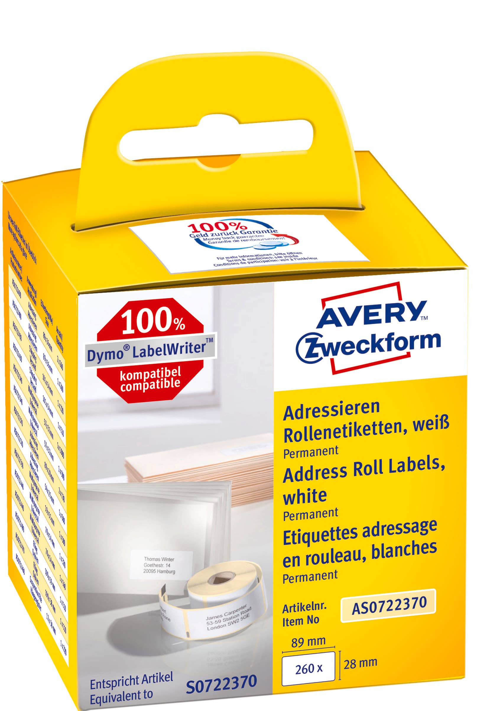 Etykiety adresowe w rolce 130 etyk.(2) 28 x 89 mm, trwałe, białe AS0722370 Avery Zweckform