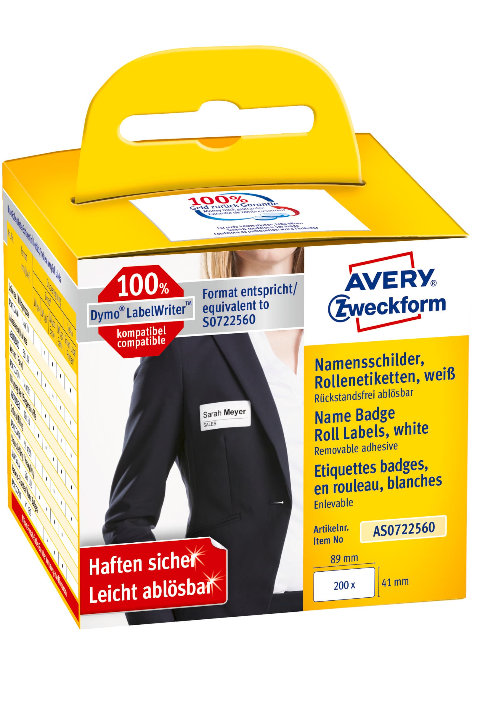 Identyfikatory imienne w rolce 200 etyk. 41 x 89 mm, usuwalne, białe AS0722560 Avery Zweckform
