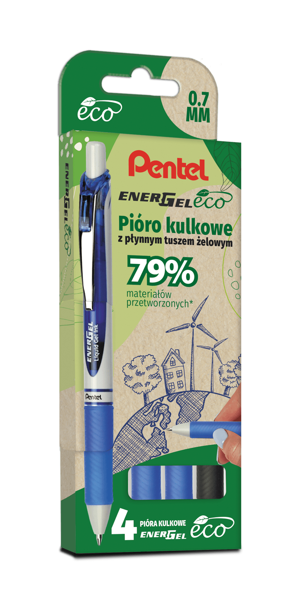 Pióro kulkowe ENERGEL 3x niebieski, 1x czarny komplet 4sztuk BL77E PENTEL