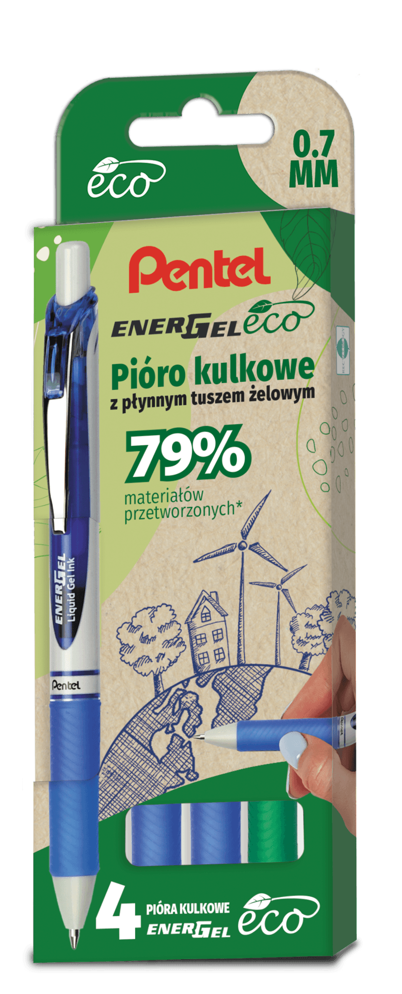 Pióro kulkowe ENERGEL 3x niebieski, 1x zielony komplet 4sztuk BL77E PENTEL