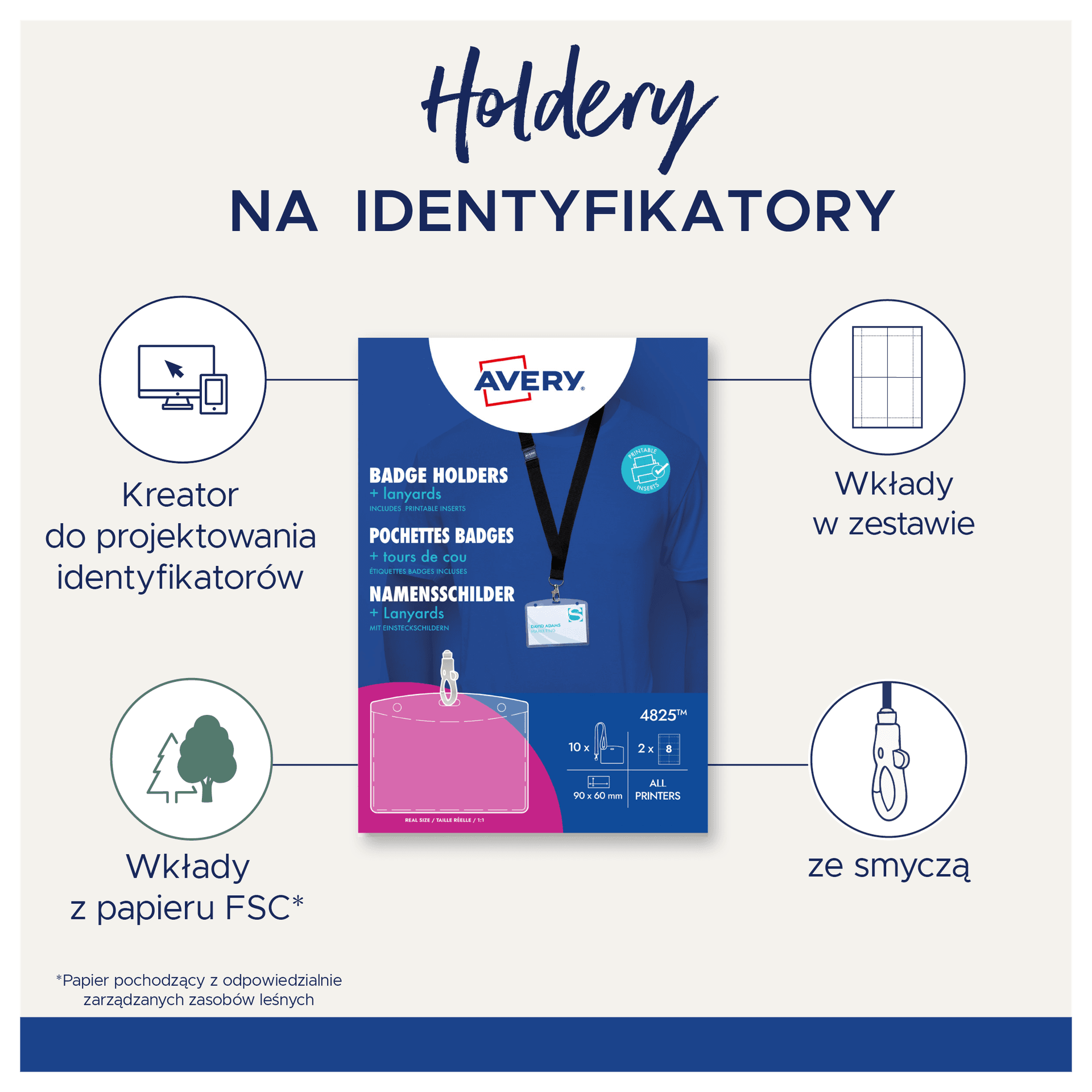 Holder na identyfikatory 60x90mm ze smyczą (10 sztuk+16 wkładów) 4825 AVERY