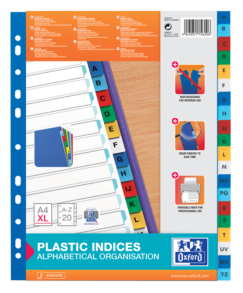 Przekładki A4 MAXI A-Z kolor PP alfabetyczne 100204733 OXFORD