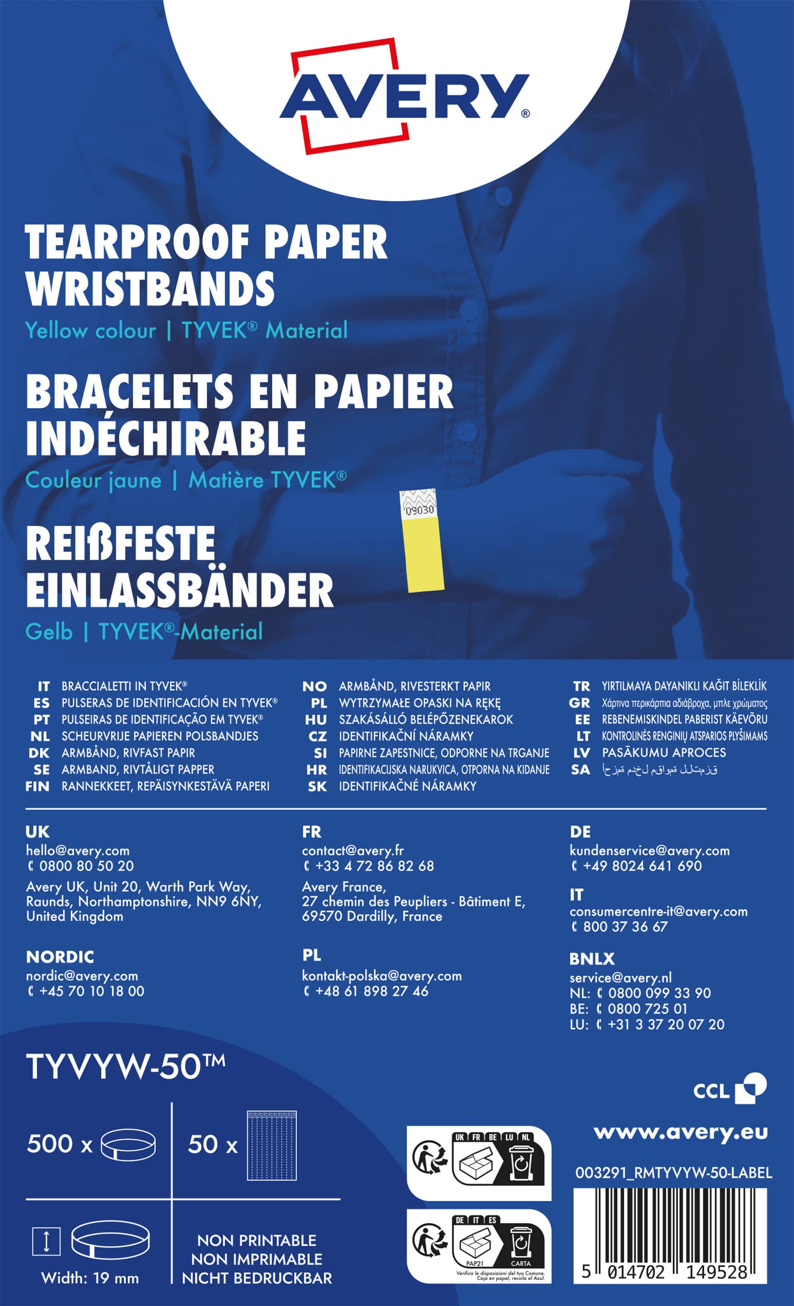 Opaski na rękę 256x19mm (50 arkuszy = 500 opasek) neonowe żółte TYVYW-50 AVERY