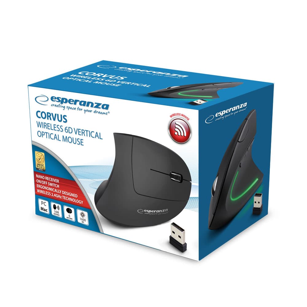 Mysz WERTYKALNA bezprzewodowa 2.4GHZ 6D optyczna USB CORVUS EM133 ESPERANZA