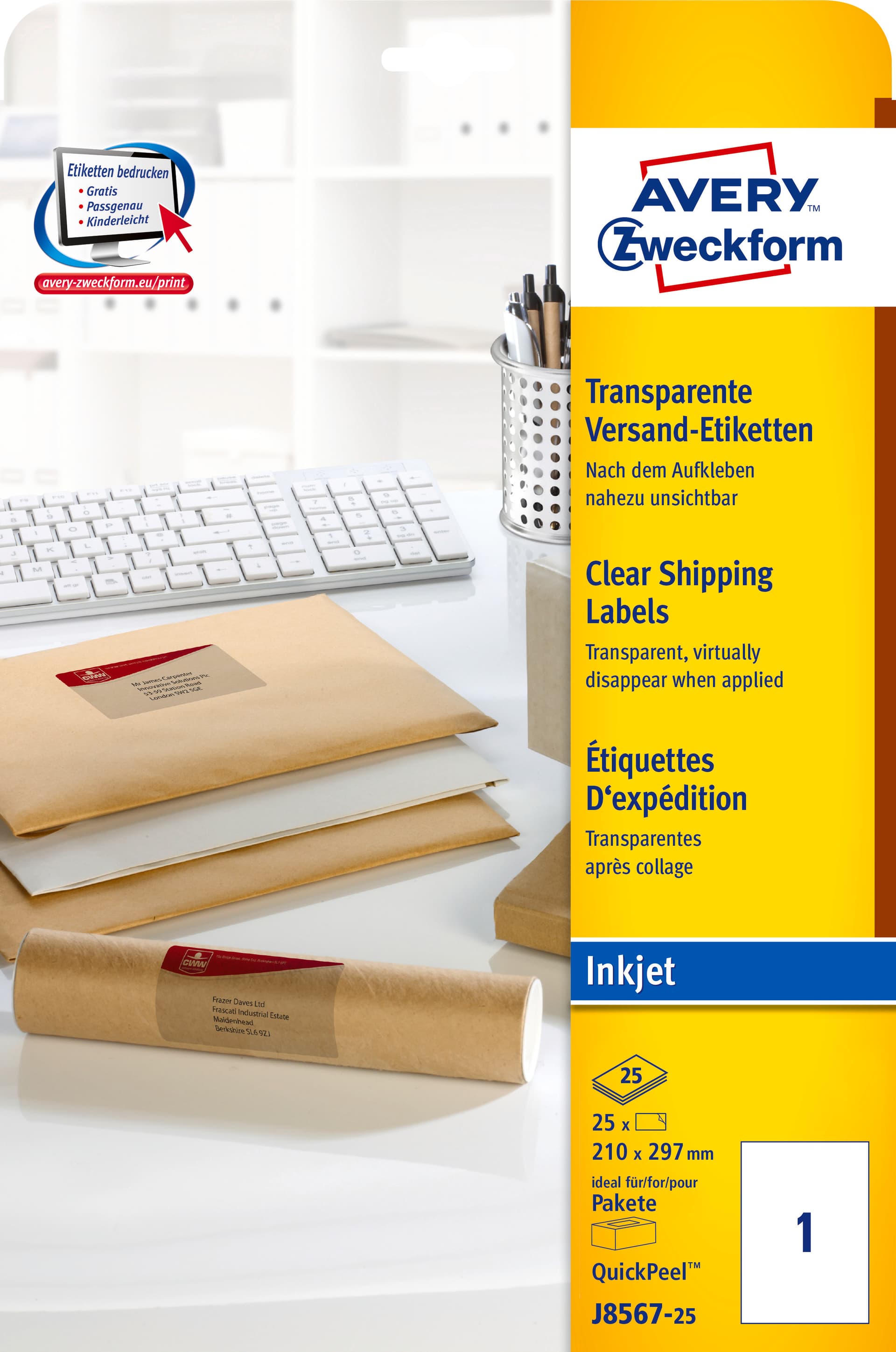 Etykiety A4 (25ark)210x297 przezroczysta do drukarki atramentowej J8567-25 AVERY ZWECKFORM