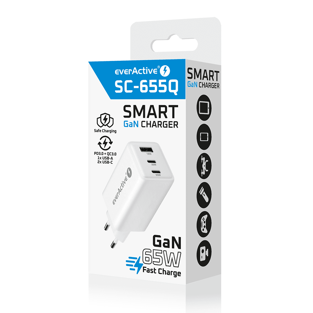 Ładowarka sieciowa 230V EVERACTIVE SC-655Q 1xUSB-A (18W) 1xUSB-C(20W) 1xUSB-C (65W) biała