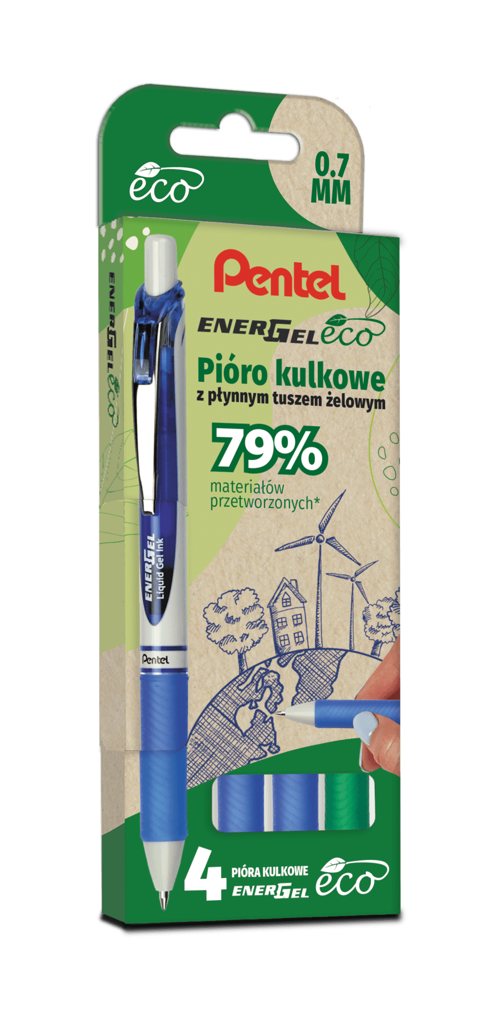 Pióro kulkowe ENERGEL 3x niebieski, 1x zielony komplet 4sztuk BL77E PENTEL