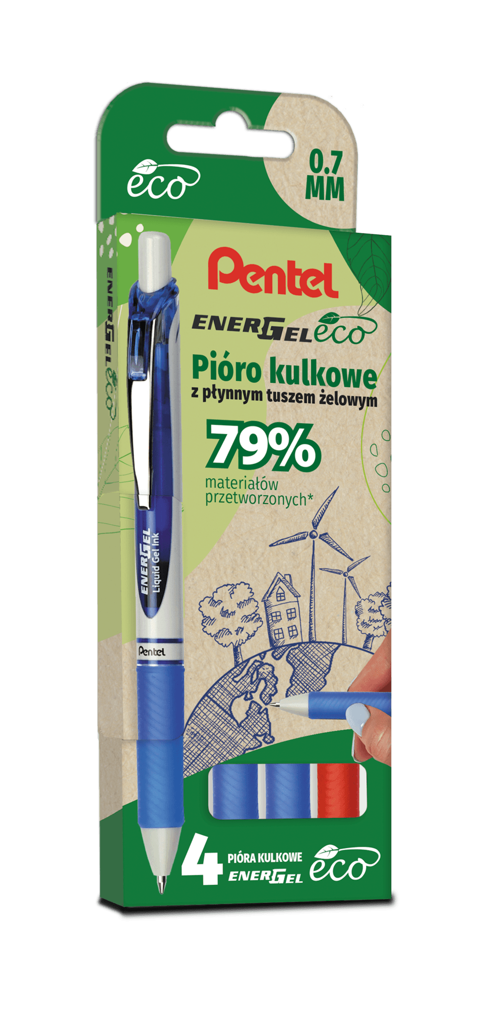 Pióro kulkowe ENERGEL 3x niebieski, 1x czerwony komplet 4sztuk BL77E PENTEL
