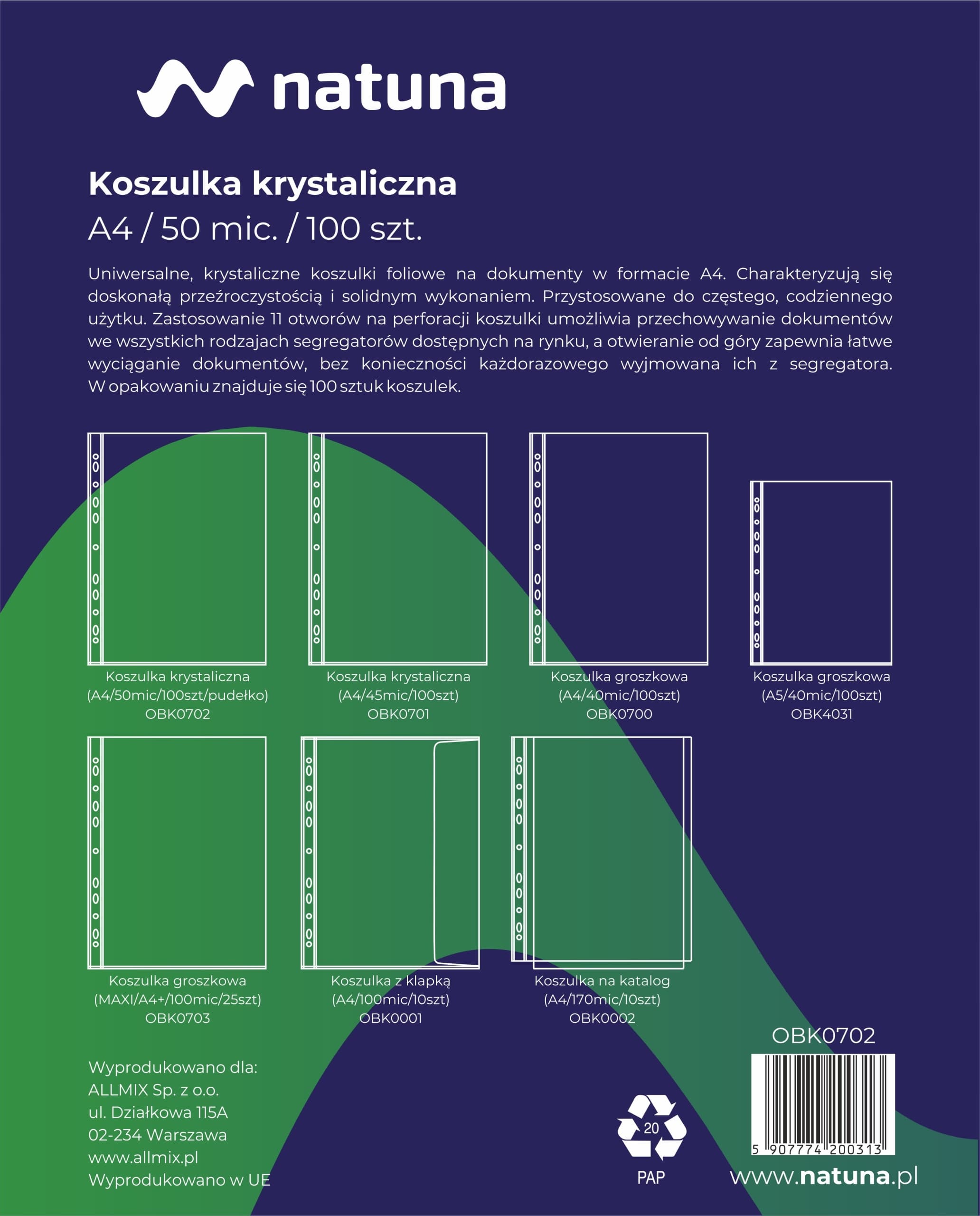 Koszulki krystaliczne na dokumenty A4 50mic 100 sztuk w pudełku NATUNA