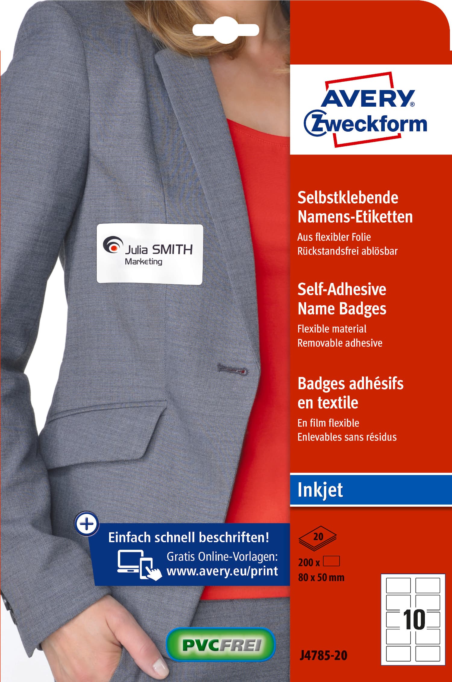 Identyfikatory do zadruku 80x50mm samoprzylepne białe do druk.atramentowej J4785-20 AVERY ZWECKFORM