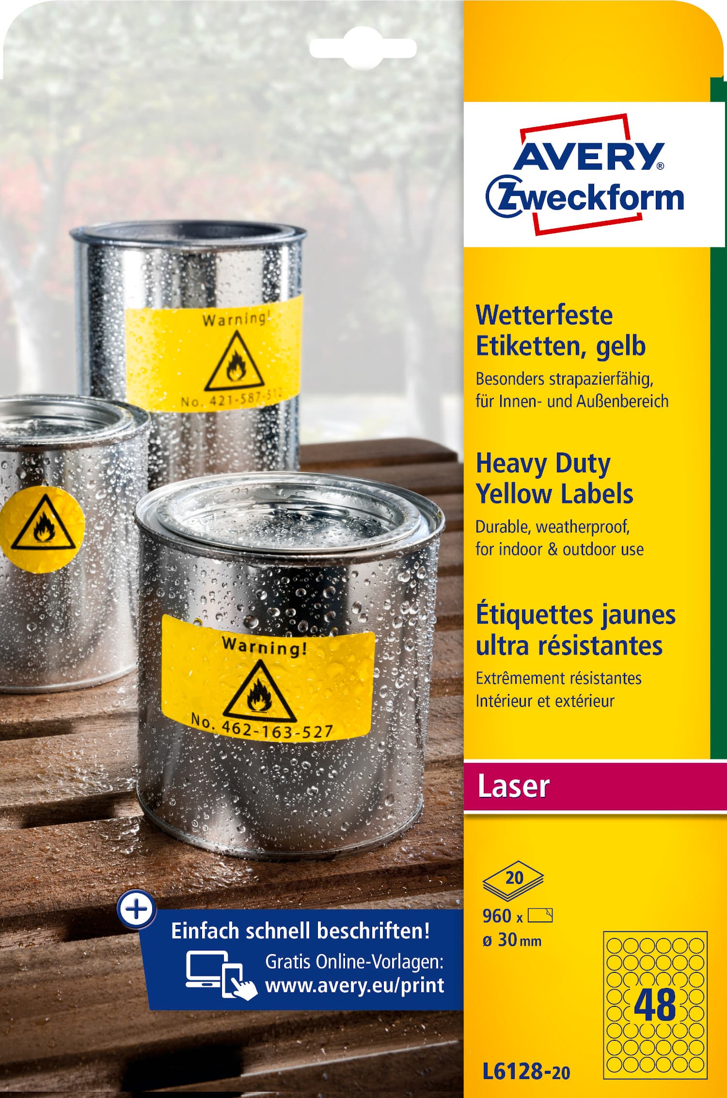 Etykiety Heavy Duty żółte średnica Q30mm L6128-20szt AVERY ZWECKFORM