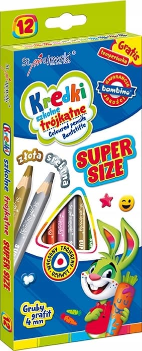 Kredki szkolne trójkątne grube Super Size Zestaw 12 kredek + temperówka BAMBINO St.Majewski