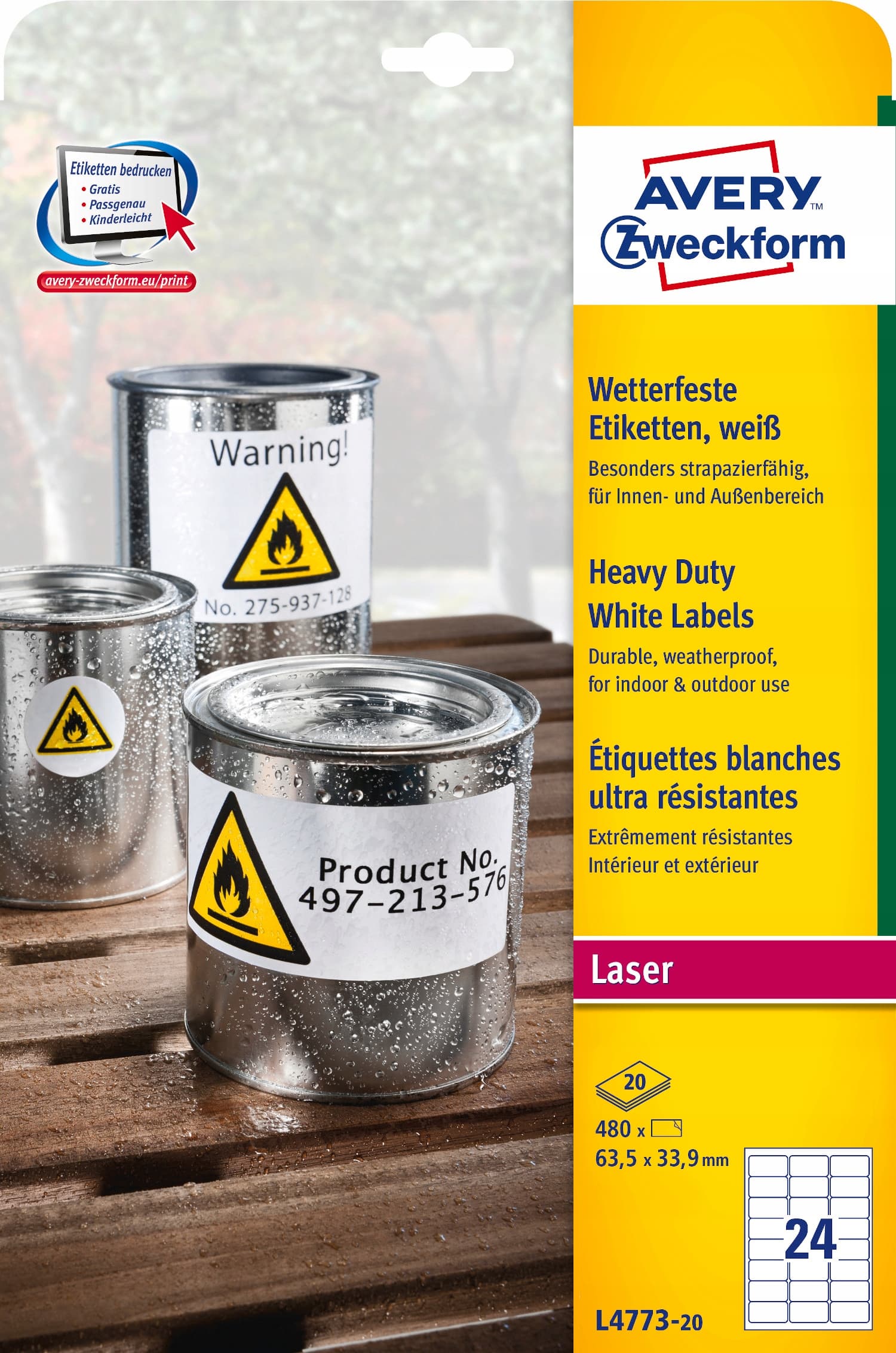 Etykiety Heavy Duty A4 63.5x33.9mm L4773-20 ZF 20ark AVERY ZWECKFORM