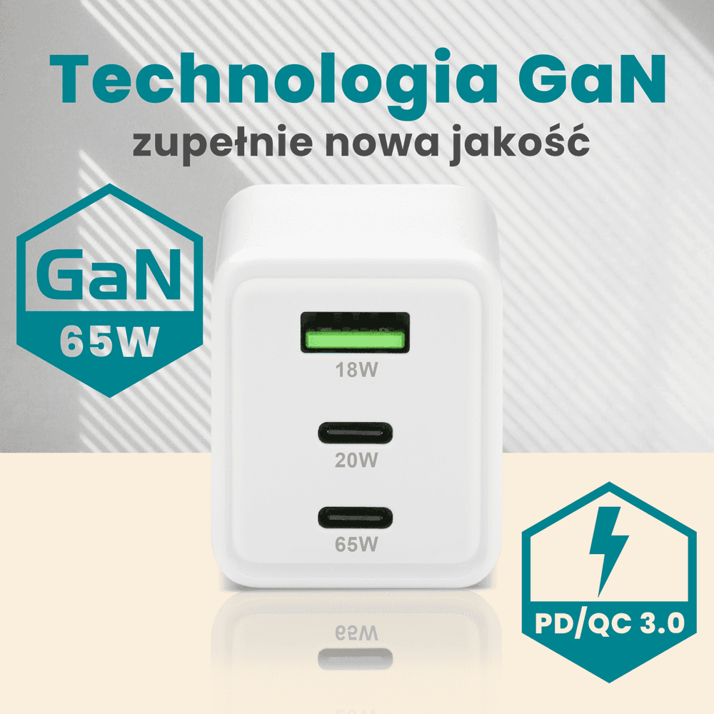 Ładowarka sieciowa 230V EVERACTIVE SC-655Q 1xUSB-A (18W) 1xUSB-C(20W) 1xUSB-C (65W) biała