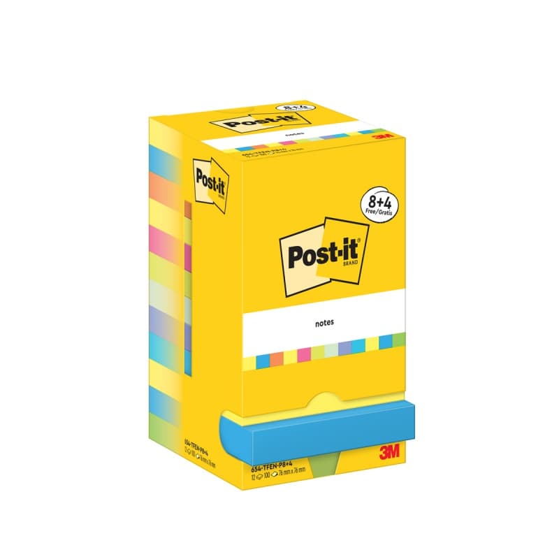 Bloczek samoprzylepny 76x76mm Energetic 8+4gratis 100kartek mix kolorów 3M