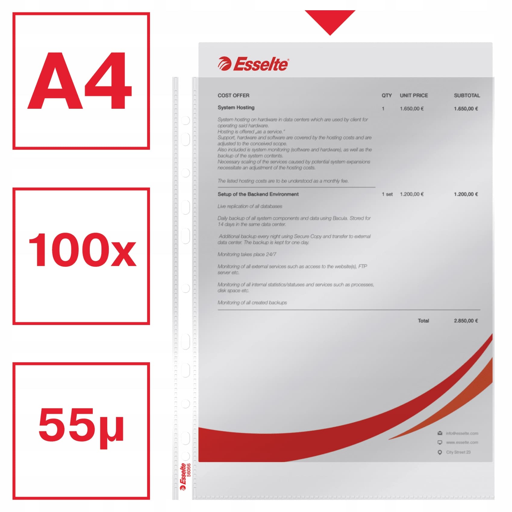 Koszulki krystaliczne na dokumenty A4 55 mic 100 sztuk w pudełku 56066 ESSELTE