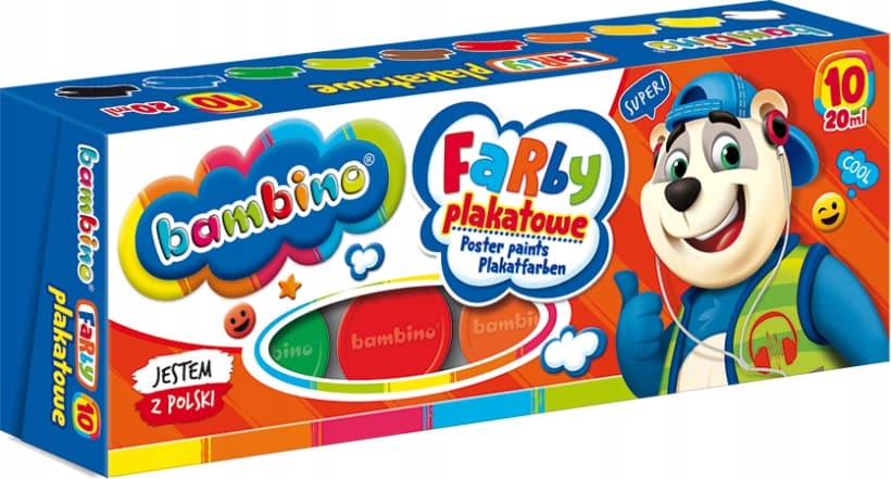 Farby plakatowe dla dzieci Zestaw 10 kolorów x 20ml BAMBINO St.Majewski