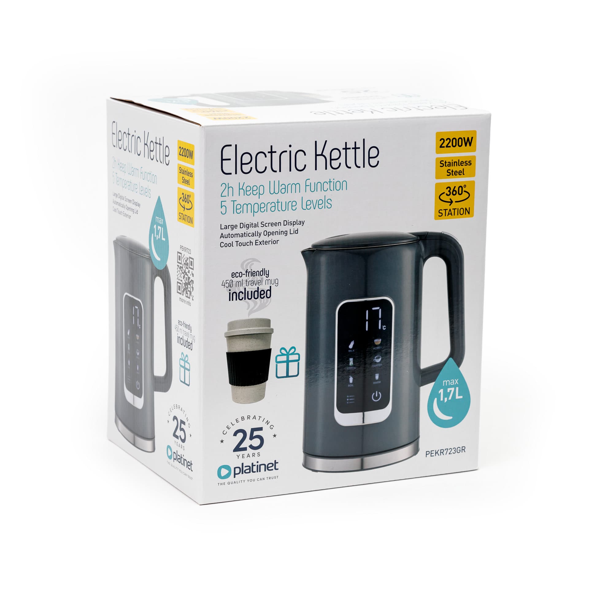 Czajnik elektryczny PLATINET z wyświetlaczem 1,7l. 2200W szary (45978)