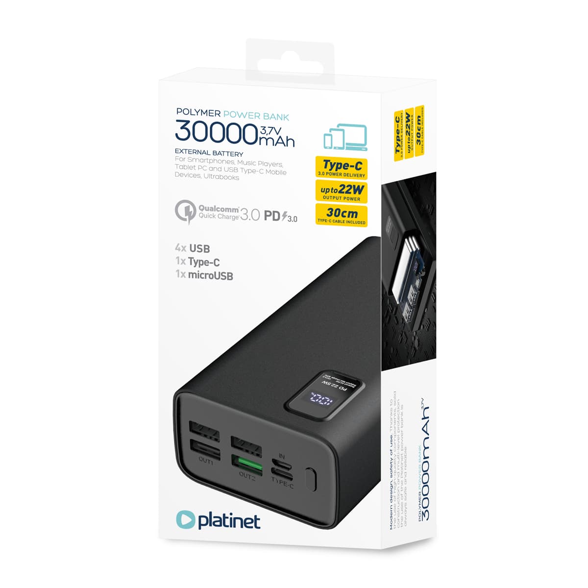 Powerbank 30000mAh 20W USB-C + microUSB -> 2xUSB-A + 1xUSB-C PLATINET (45729)