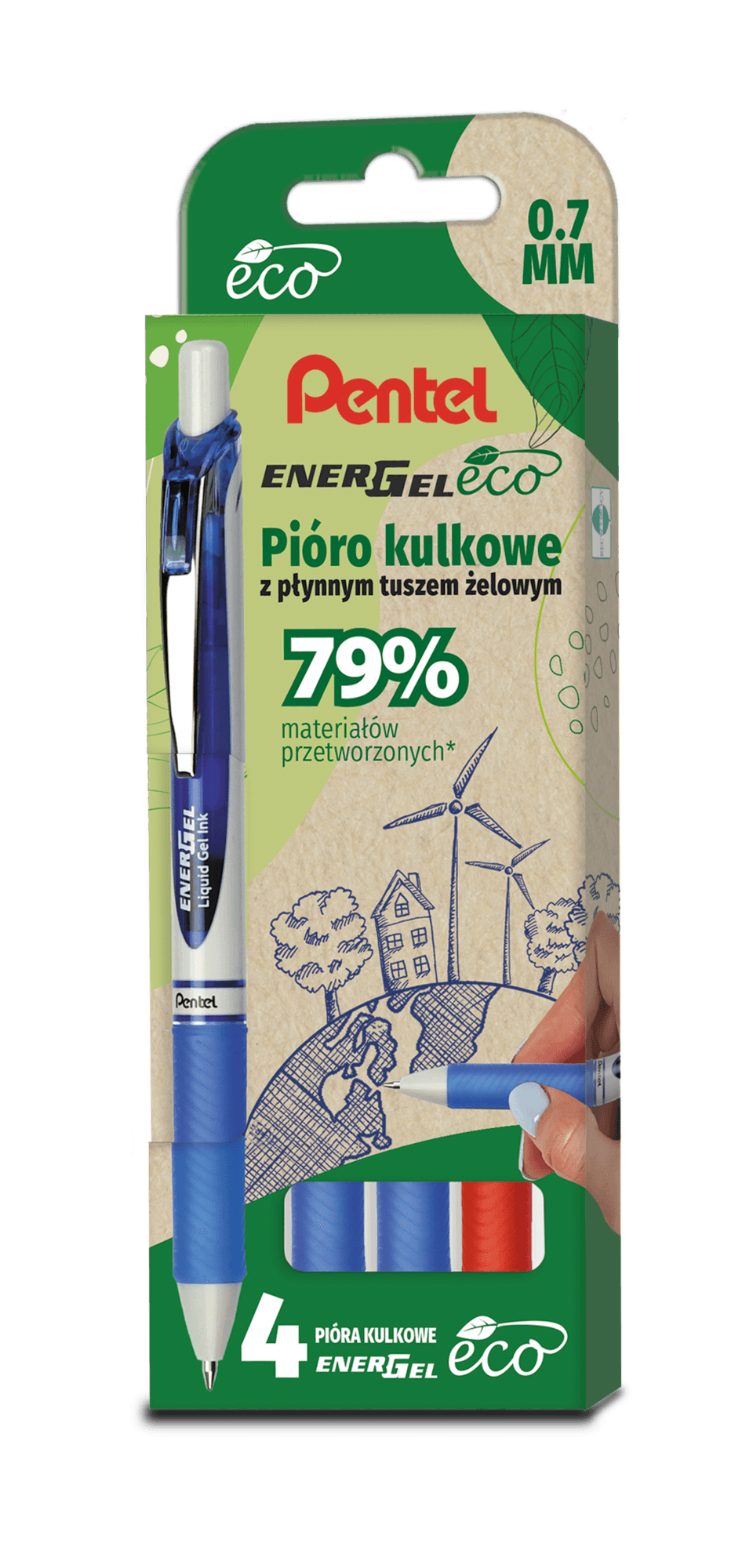 Pióro kulkowe ENERGEL 3x niebieski, 1x czerwony komplet 4sztuk BL77E PENTEL