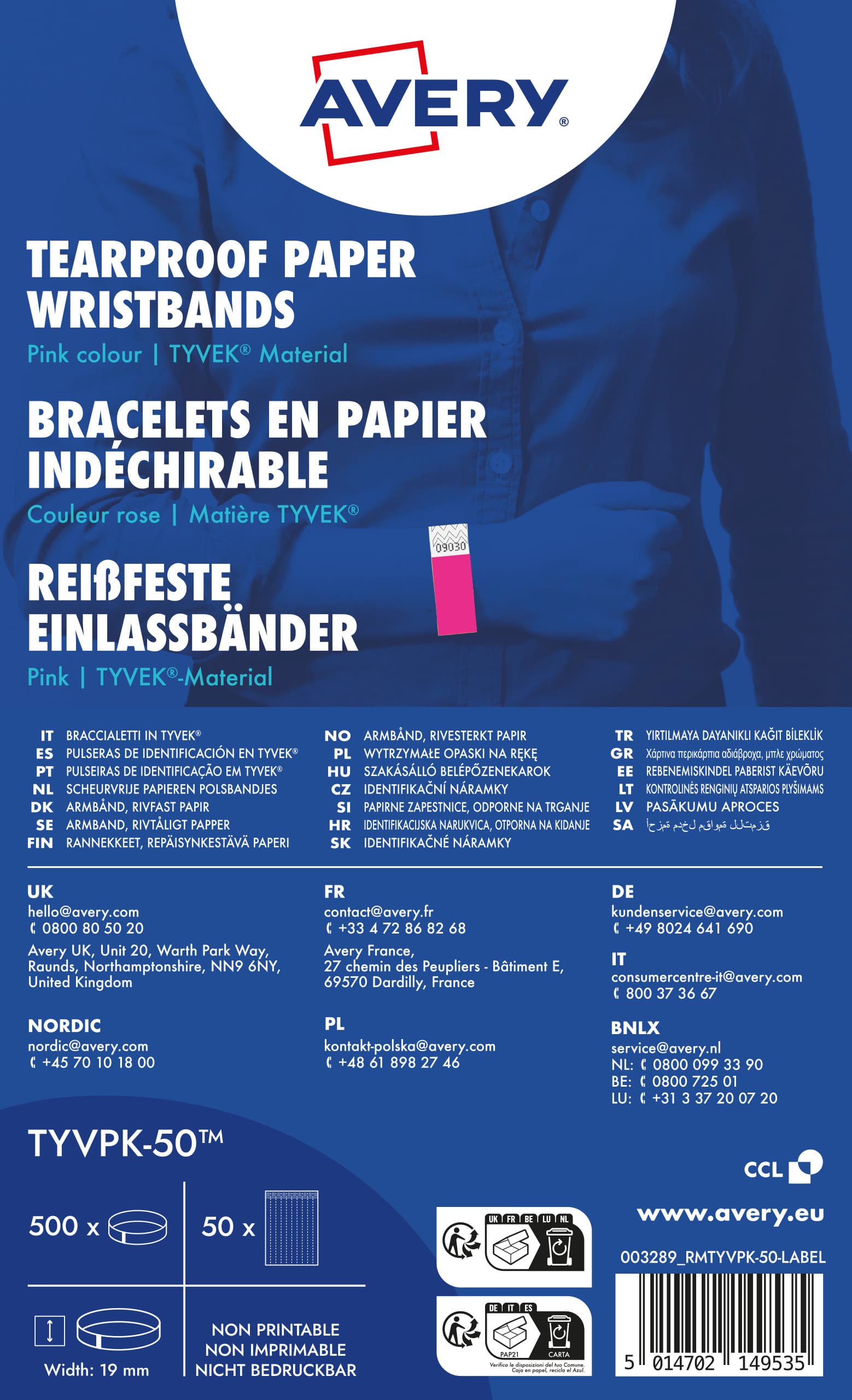Opaski na rękę 256x19mm (50 arkuszy = 500 opasek) neonowe różowe TYVPK-50 AVERY