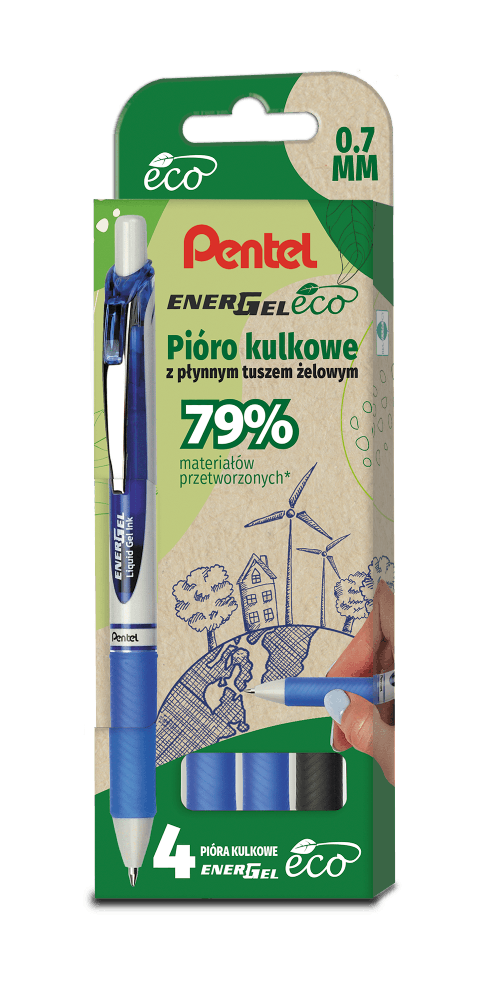 Pióro kulkowe ENERGEL 3x niebieski, 1x czarny komplet 4sztuk BL77E PENTEL