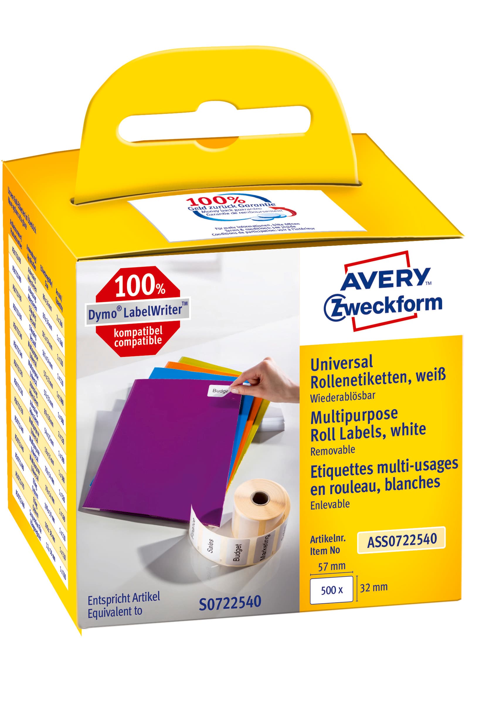 Etykiety uniwersalne w rolce 500 etyk. 32 x 57 mm, usuwalne, białe ASS0722540 Avery Zweckform