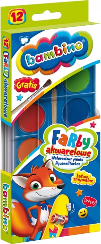 Farby akwarelowe szkolne Zestaw 12 kolorów + pędzelek BAMBINO St.Majewski