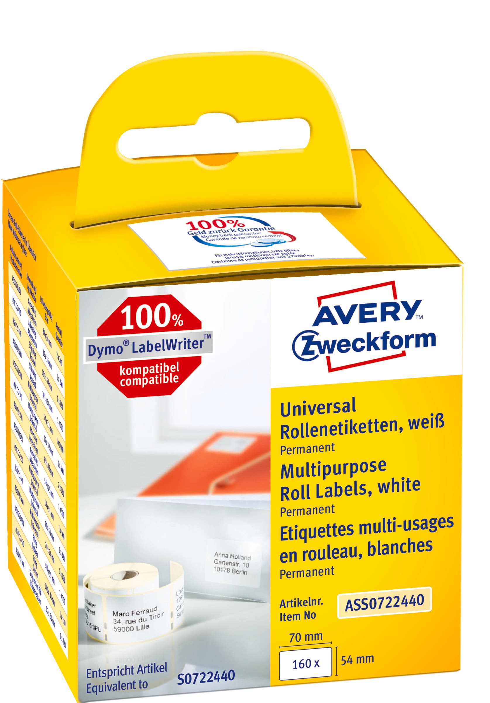 Etykiety uniwersalne w rolce 160 etyk. 54 x 70 mm, trwałe, białe ASS0722440 Avery Zweckform
