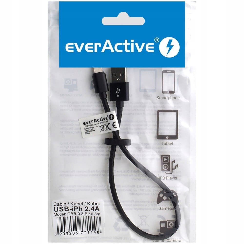 Kabel USB-A -> Lightning 0,3m 2,4A pleciony czarny EVERACTIVE (CBB-0.3IB)