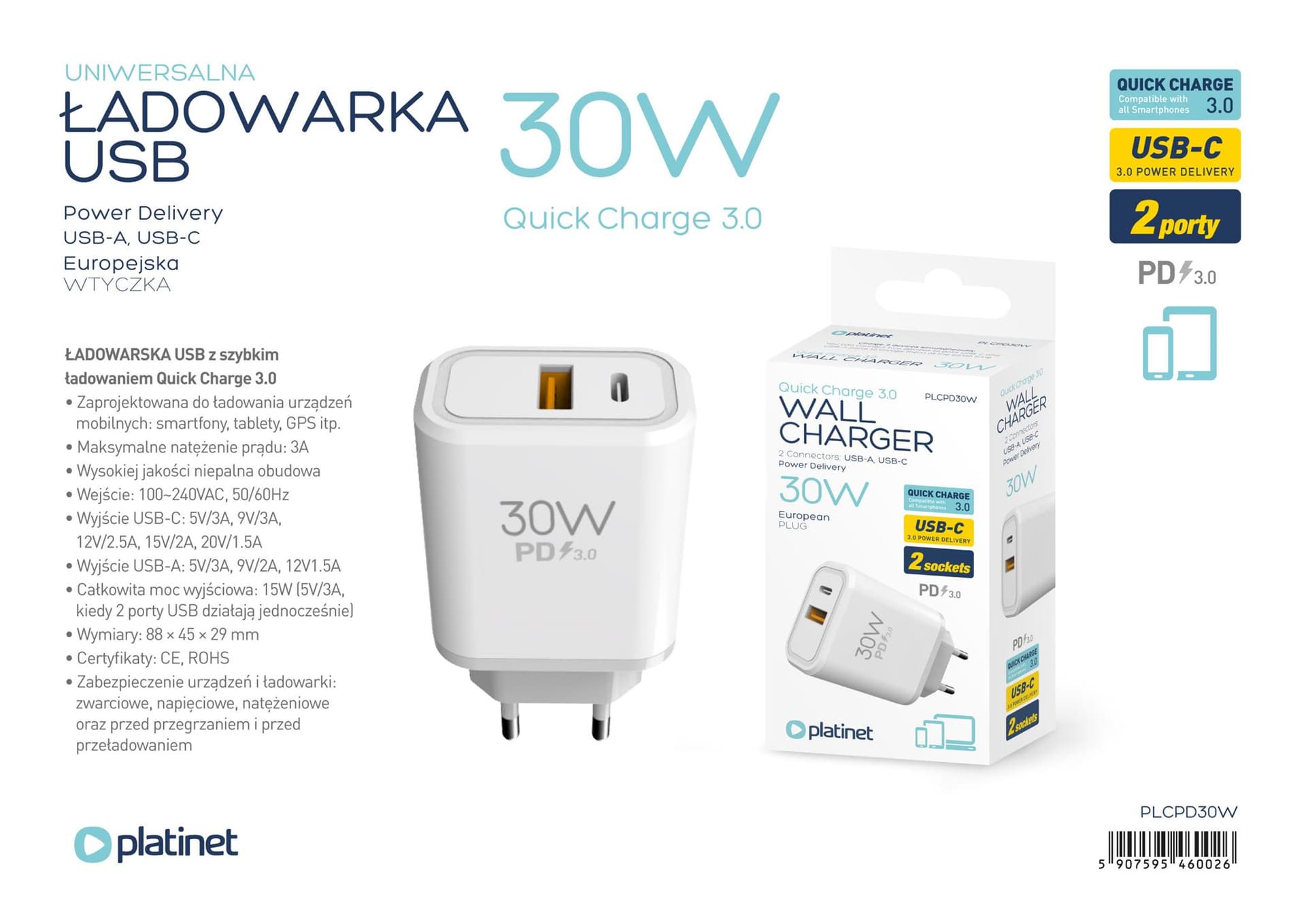 Ładowarka sieciowa 230V PLATINET 1xUSB-A + 1xUSB-C 30W biała (46002)