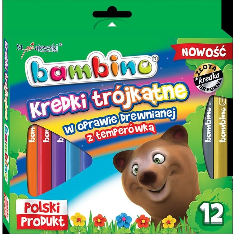 Kredki trójkątne z glinki kaolinowej Zestaw 12 kredek + temperówka BAMBINO St.Majewski