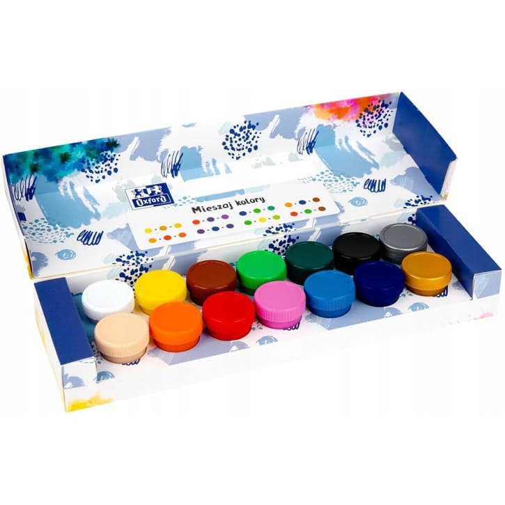 Farby plakatowe szkolne 12 kolorów + 2 gratis srebrna złota 20ml 400167100 OXFORD