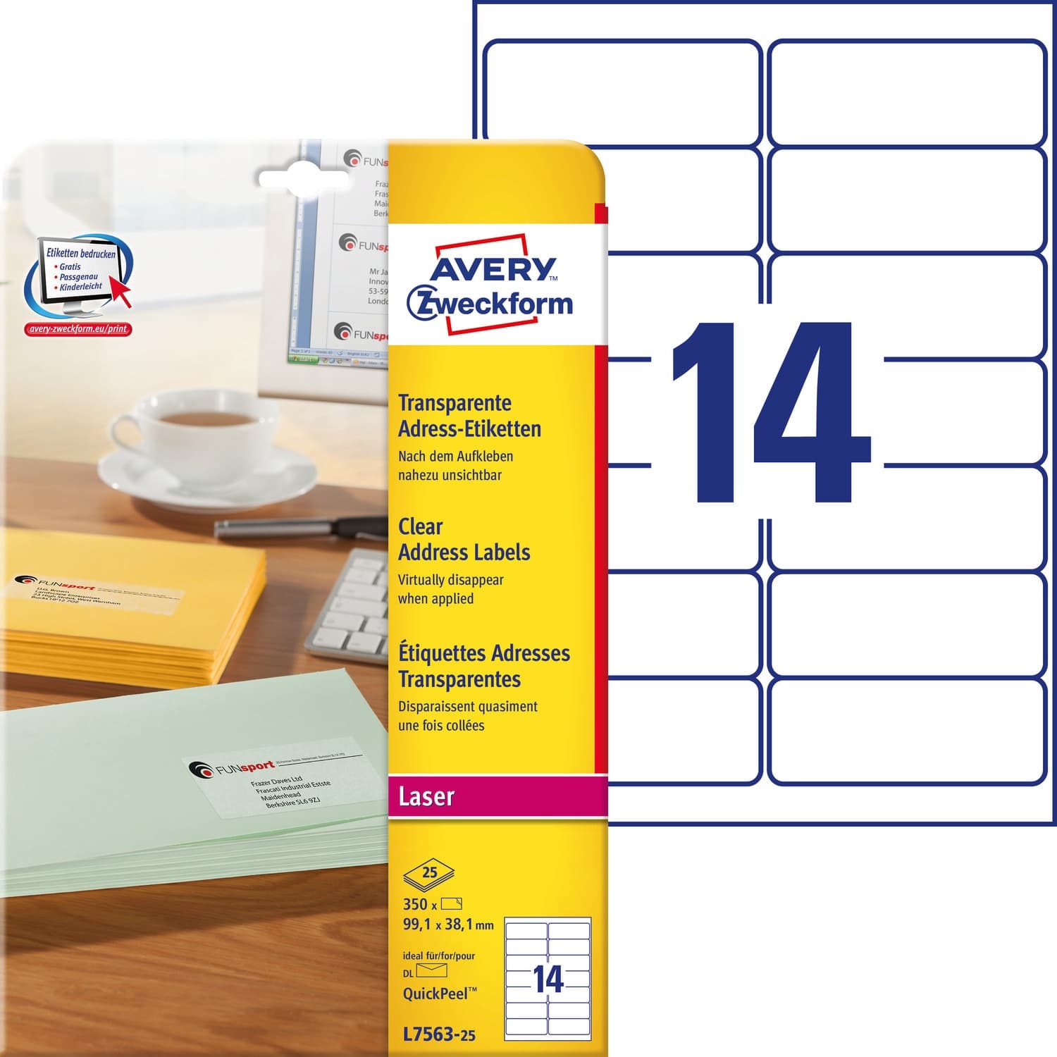 Etykiety 99,1x38,1 L7563-25 przezroczyste poliester (25arkuszy ) AVERY ZWECKFORM
