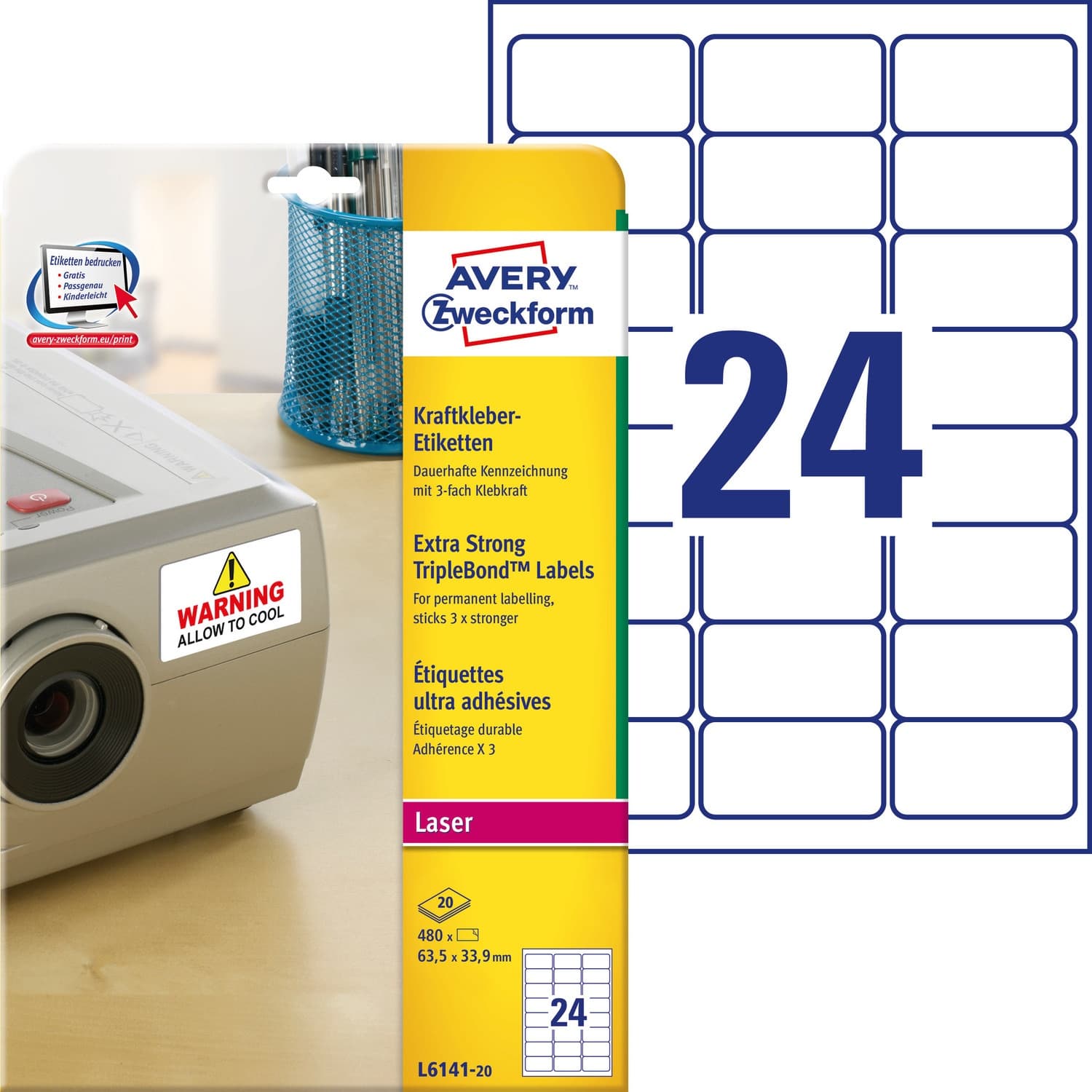 Etykiety 63,5*33,9mm (20 arkuszy) do oznaczeń TripleBond L6141-20 AVERY ZWECKFORM