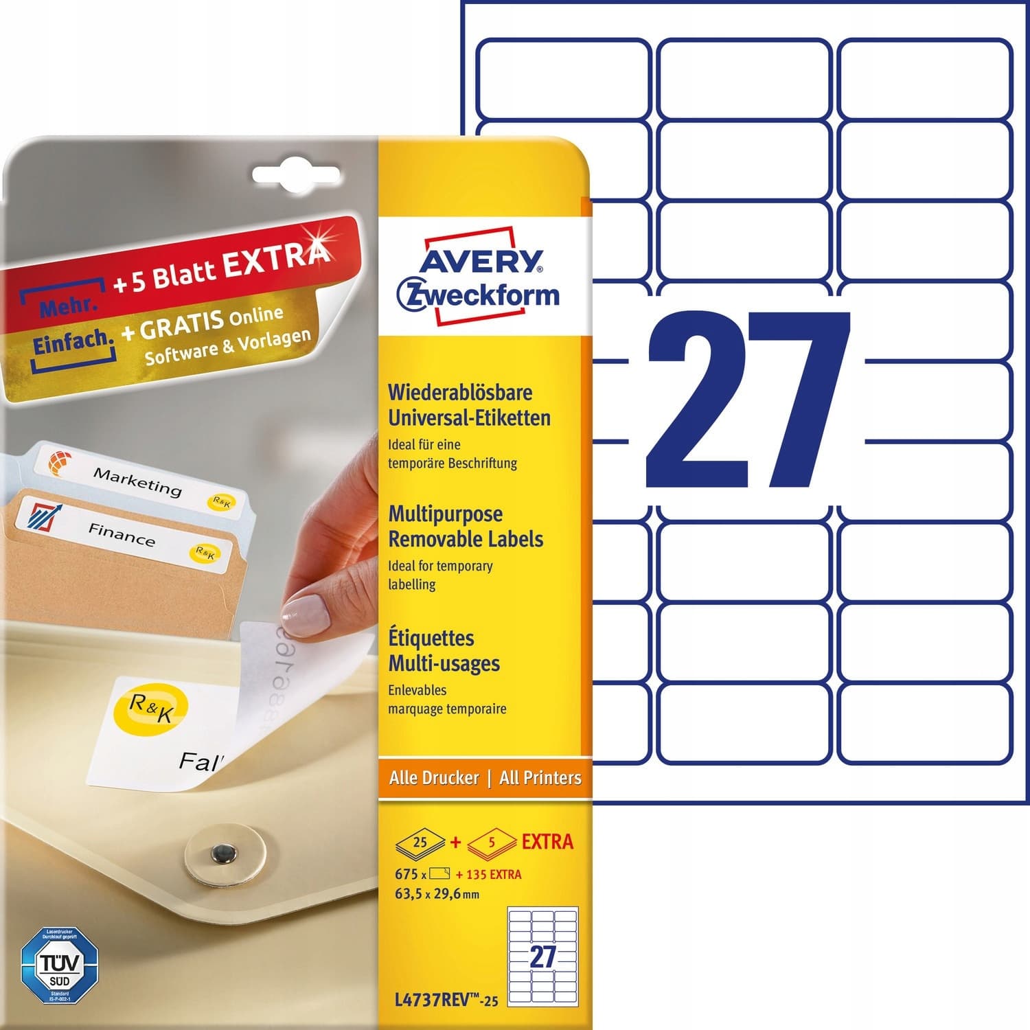 Etykiety A4 białe (25 arkuszy) 63,5*29,6mm L4737REV-25 AVERY ZWECKFORM