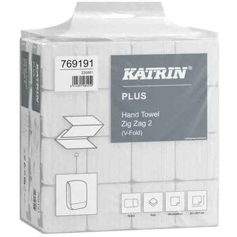 Ręcznik ZZ V-FOLD KATRIN Plus biały 207x230mm 2 warstwy celuloza (16op x 190list=3040 listków) 769191