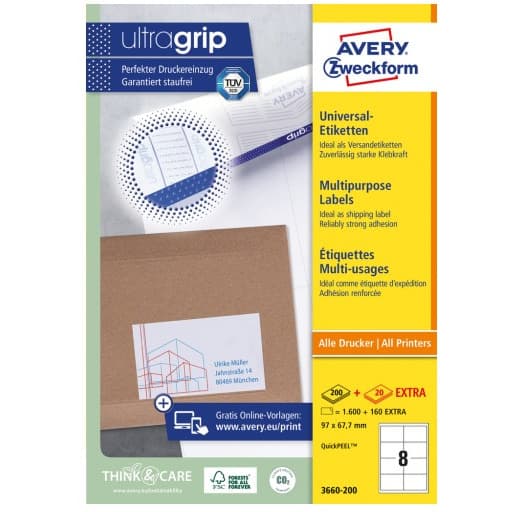 Etykiety białe ULTRAGRIP 97x67,7mm (200 arkuszy = 1600 etykiet) 3660-200 AVERY ZWECKFORM