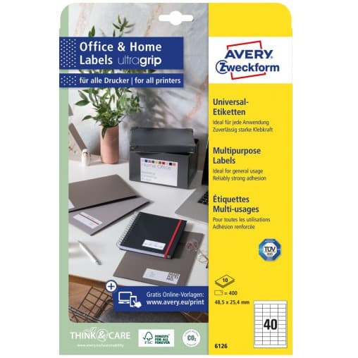 Etykiety białe ULTRAGRIP 48,5x25,4mm (10 arkuszy = 400 etykiet) 6126 AVERY ZWECKFORM