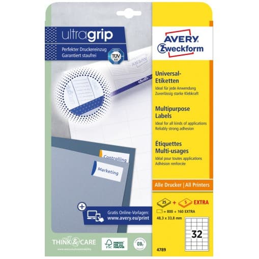 Etykiety białe ULTRAGRIP 48,3x33,8mm (25 arkuszy = 800 etykiet) 4789 AVERY ZWECKFORM