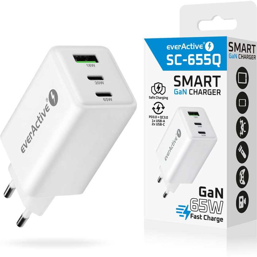 Ładowarka sieciowa 230V EVERACTIVE SC-655Q 1xUSB-A (18W) 1xUSB-C(20W) 1xUSB-C (65W) biała