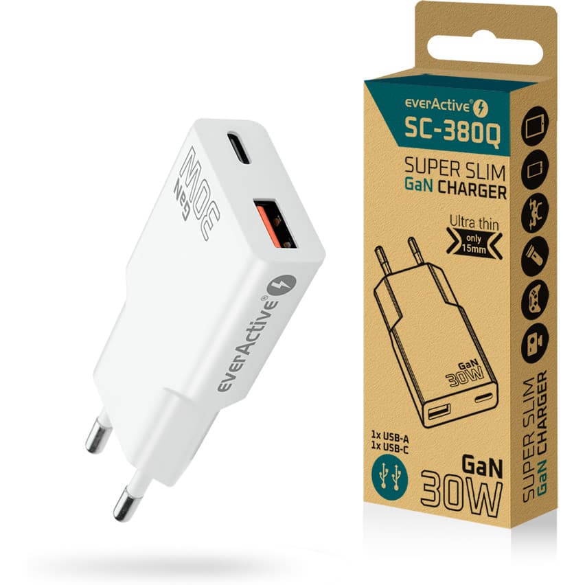 Ładowarka sieciowa 230V EVERACTIVE SC-380Q 1xUSB-A 1xUSB-C 30W biała