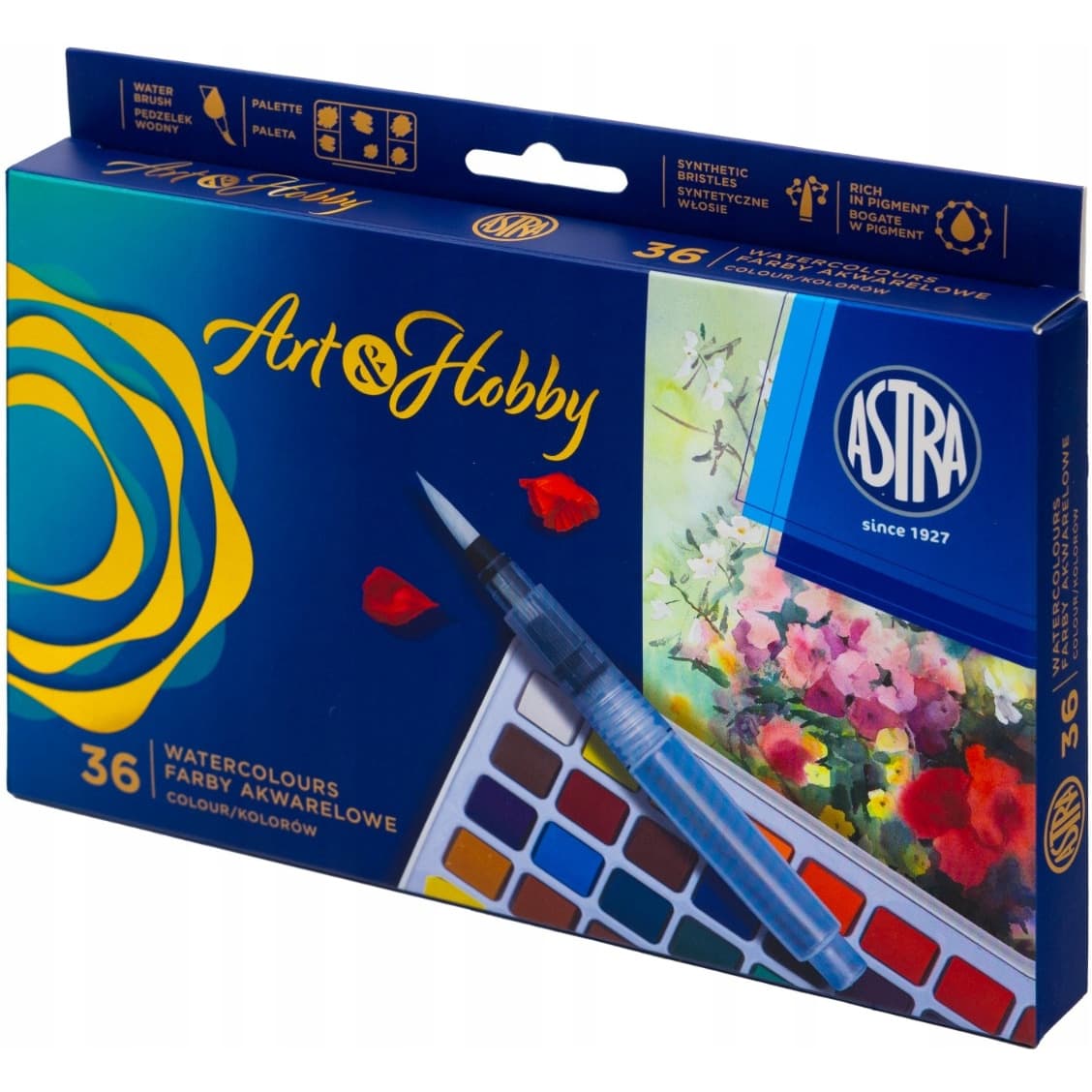 Zestaw farb akwarelowych Art&Hobby 36kol. z pędzelkiem wodnym i paletką 602124006 ASTRA