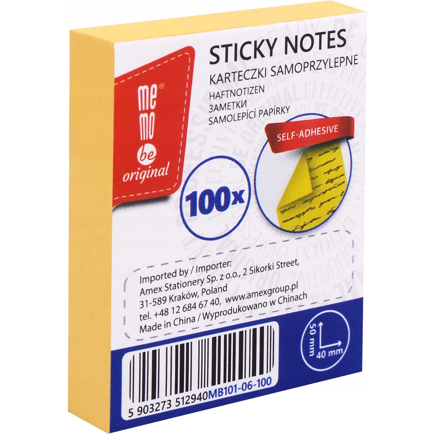 Bloczek samoprzylepny MEMOBE 40x50mm 100k żółty MB101-06-100