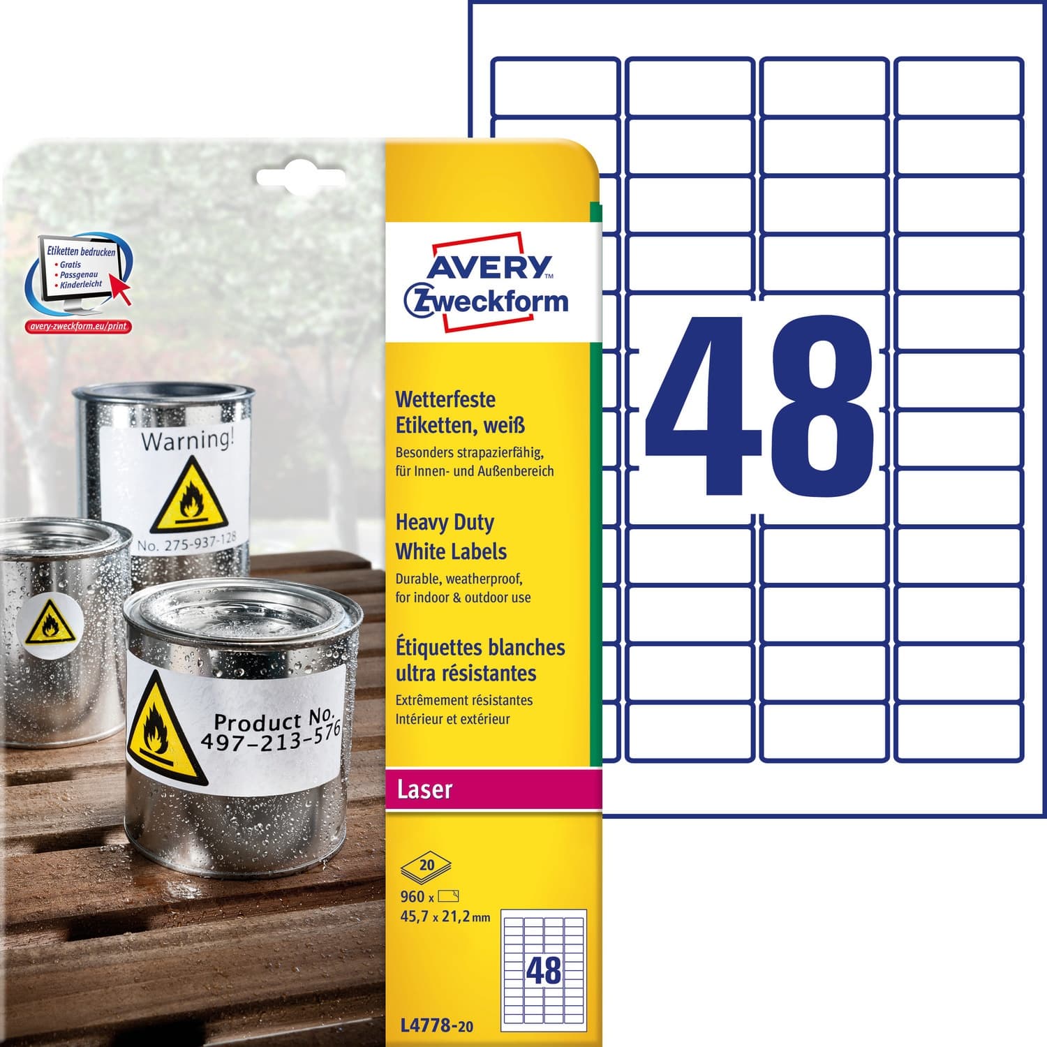 Etykiety poliester 45,7x21,2mm (20 arkuszy = 960 etykiet) L4778-20 AVERY ZWECKFORM