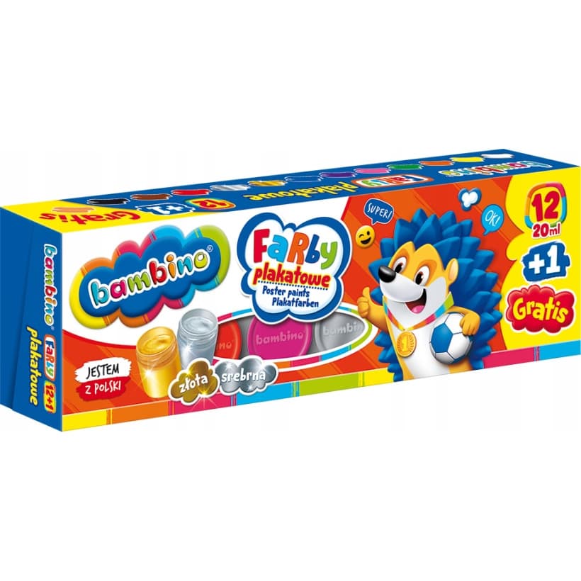 Farby plakatowe dla dzieci Zestaw 12 kolorów x 20ml + 1 farba cielista gratis BAMBINO