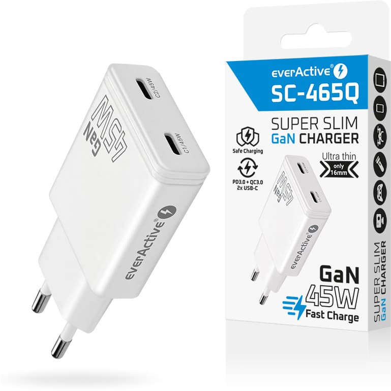 Ładowarka sieciowa 230V EVERACTIVE SC-465Q 2xUSB-C 45W biała