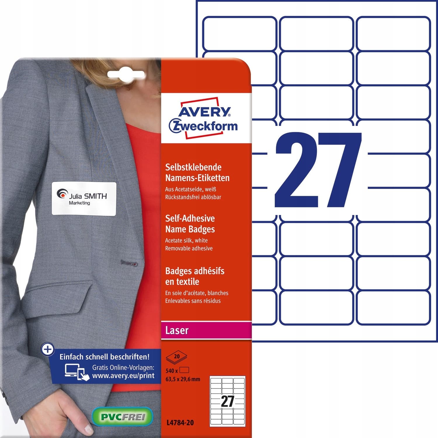 Identyfikator do zadruku samoprzylepny L4784-20 635x296mm biały sztucz.jedwab AVERY ZWECKFORM
